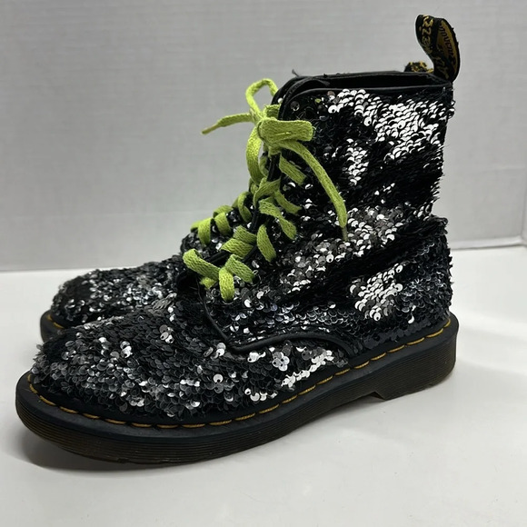 Dr. Martens 1460 Pascal Combat Sequin Black Silver Reversible Boot Womens Size 6 - Picture 5 of 11